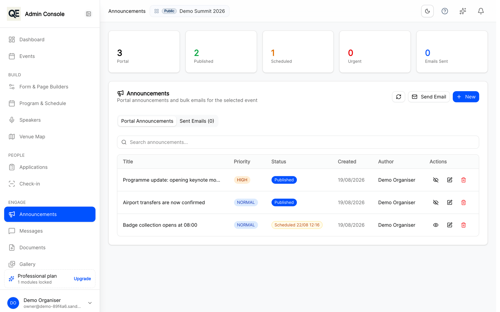 Announcements screen listing published and scheduled announcements with their status.